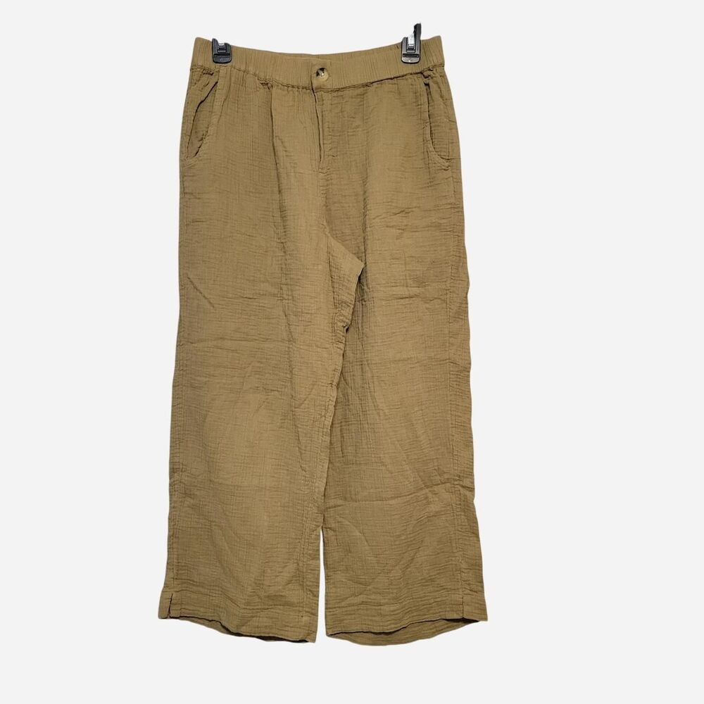 Wonderly Womens M petite/crop olive pull on wide trousers cotton coastal boho